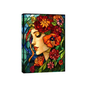 Elegant stained glass portrait of woman surrounded by vibrant flowers colorful Art Nouveau wall art canvas