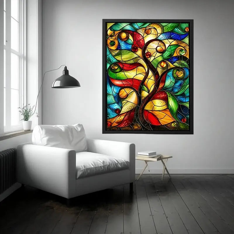 Abstract stained glass artwork with flowing organic curves and colorful jewel toned mosaic modern wall art canvas