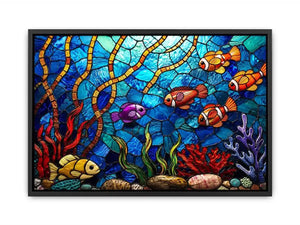 Colorful stained glass underwater scene with tropical fish coral and glowing blue ocean modern coastal wall art canvas