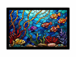 Colorful stained glass underwater scene with tropical fish coral and glowing blue ocean modern coastal wall art canvas
