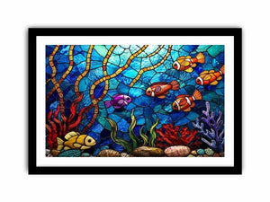 Colorful stained glass underwater scene with tropical fish coral and glowing blue ocean modern coastal wall art canvas