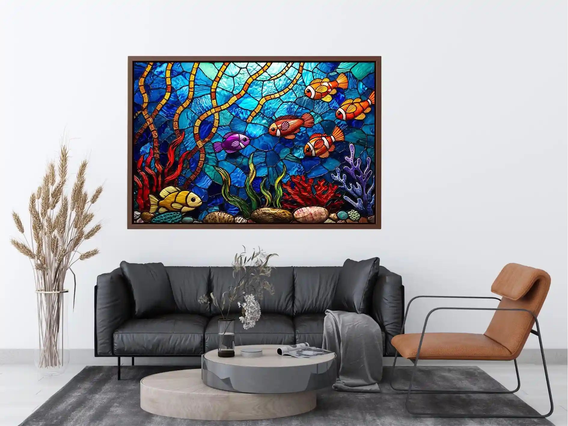 Colorful stained glass underwater scene with tropical fish coral and glowing blue ocean modern coastal wall art canvas