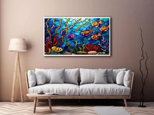 Colorful stained glass underwater scene with tropical fish coral and glowing blue ocean modern coastal wall art canvas