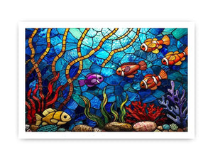 Colorful stained glass underwater scene with tropical fish coral and glowing blue ocean modern coastal wall art canvas