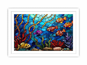 Colorful stained glass underwater scene with tropical fish coral and glowing blue ocean modern coastal wall art canvas