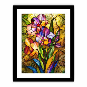 Colorful stained glass iris flower artwork with luminous mosaic textures and elegant botanical luxury wall art canvas