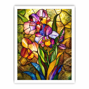 Colorful stained glass iris flower artwork with luminous mosaic textures and elegant botanical luxury wall art canvas