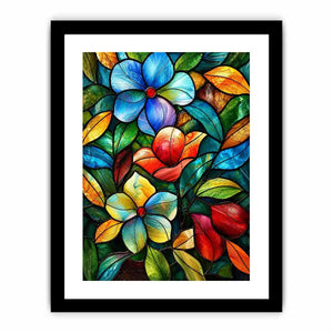 Colorful stained glass floral artwork with vibrant petals and flowing botanical mosaic textures luxury wall art canvas