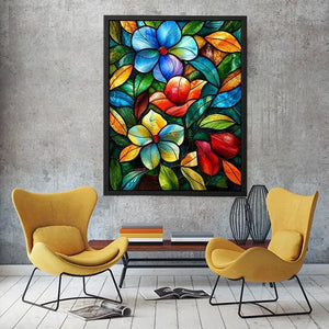 Colorful stained glass floral artwork with vibrant petals and flowing botanical mosaic textures luxury wall art canvas