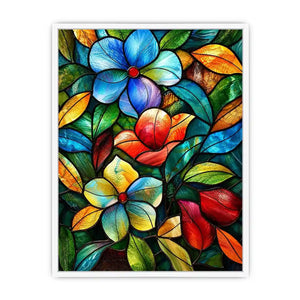 Colorful stained glass floral artwork with vibrant petals and flowing botanical mosaic textures luxury wall art canvas
