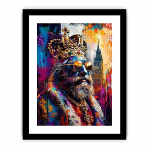 Colorful urban king portrait with crown and sunglasses in graffiti art style