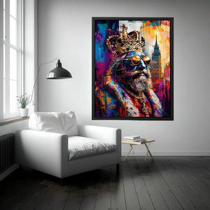 Colorful urban king portrait with crown and sunglasses in graffiti art style