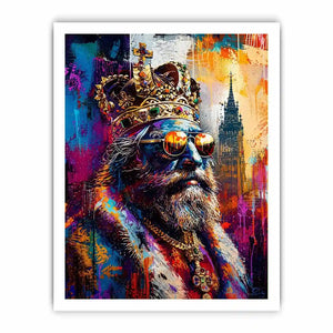 Colorful urban king portrait with crown and sunglasses in graffiti art style