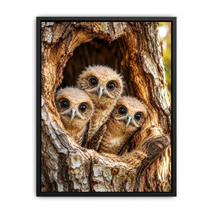 Cute baby owls inside rustic tree hollow woodland animal nature wall art canvas