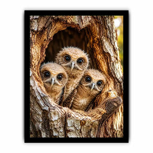 Cute baby owls inside rustic tree hollow woodland animal nature wall art canvas