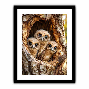 Cute baby owls inside rustic tree hollow woodland animal nature wall art canvas