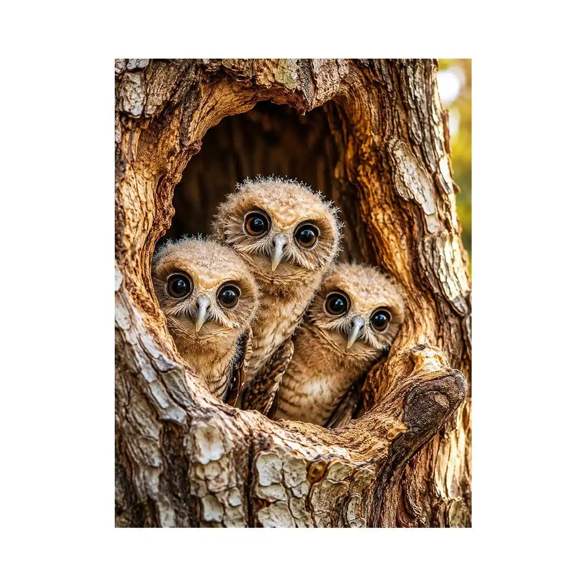 Cute baby owls inside rustic tree hollow woodland animal nature wall art canvas