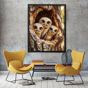 Cute baby owls inside rustic tree hollow woodland animal nature wall art canvas