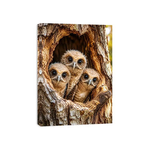 Cute baby owls inside rustic tree hollow woodland animal nature wall art canvas