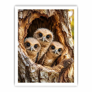 Cute baby owls inside rustic tree hollow woodland animal nature wall art canvas