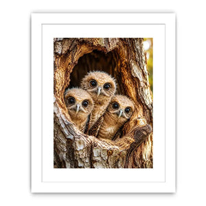 Cute baby owls inside rustic tree hollow woodland animal nature wall art canvas
