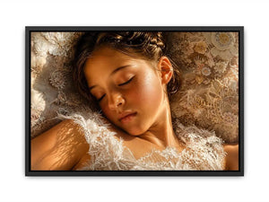 Dreamy sleeping girl portrait canvas wall art in soft neutral luxury tones for elegant modern bedroom interiors