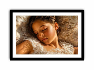Dreamy sleeping girl portrait canvas wall art in soft neutral luxury tones for elegant modern bedroom interiors
