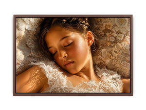 Dreamy sleeping girl portrait canvas wall art in soft neutral luxury tones for elegant modern bedroom interiors