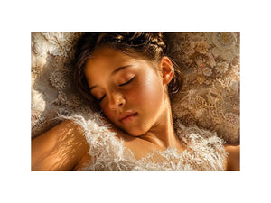 Dreamy sleeping girl portrait canvas wall art in soft neutral luxury tones for elegant modern bedroom interiors