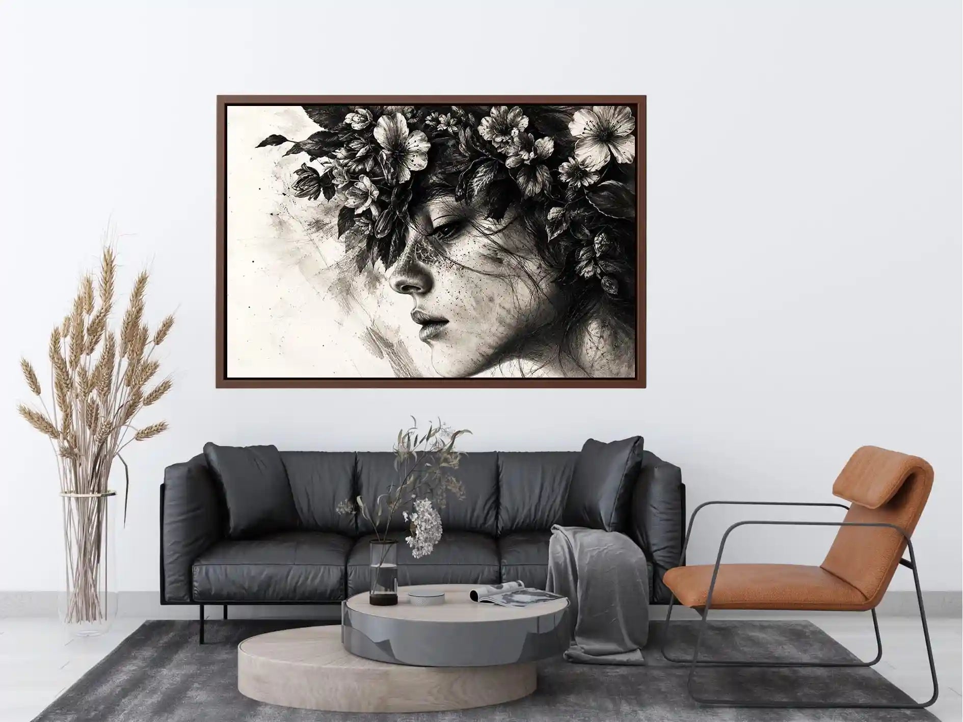 Black and white floral woman portrait wall art with dramatic modern luxury styling and fine art sketch texture
