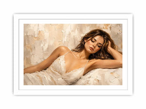 Elegant sleeping woman canvas wall art with soft neutral impasto textures and modern luxury interior styling