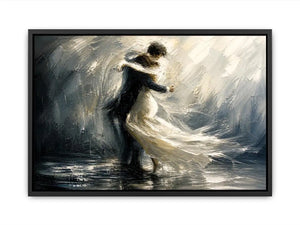 Abstract monochrome painting of a dancing couple with soft motion and flowing movement