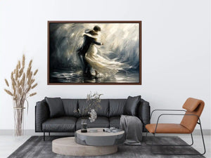 Abstract monochrome painting of a dancing couple with soft motion and flowing movement