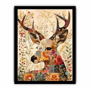 Boho patchwork deer canvas wall art with colorful floral collage details and whimsical folk art styling