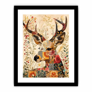 Boho patchwork deer canvas wall art with colorful floral collage details and whimsical folk art styling