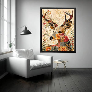 Boho patchwork deer canvas wall art with colorful floral collage details and whimsical folk art styling