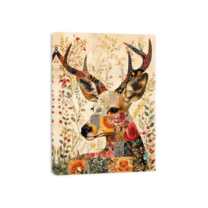 Boho patchwork deer canvas wall art with colorful floral collage details and whimsical folk art styling