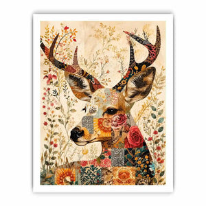 Boho patchwork deer canvas wall art with colorful floral collage details and whimsical folk art styling