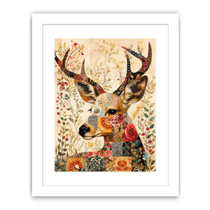 Boho patchwork deer canvas wall art with colorful floral collage details and whimsical folk art styling