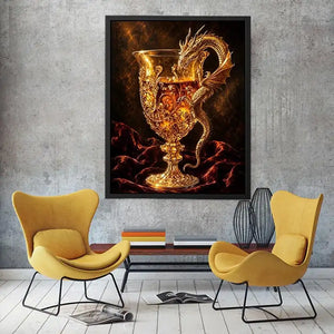 Golden dragon goblet fantasy canvas wall art with luxurious glowing medieval details and dramatic dark background