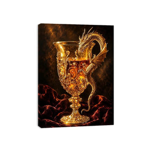 Golden dragon goblet fantasy canvas wall art with luxurious glowing medieval details and dramatic dark background