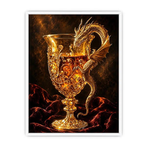 Golden dragon goblet fantasy canvas wall art with luxurious glowing medieval details and dramatic dark background