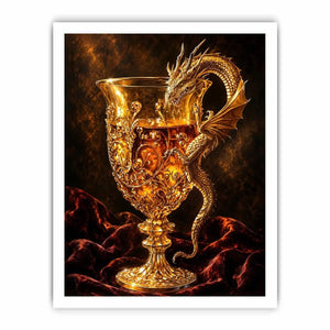 Golden dragon goblet fantasy canvas wall art with luxurious glowing medieval details and dramatic dark background