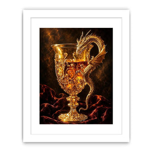 Golden dragon goblet fantasy canvas wall art with luxurious glowing medieval details and dramatic dark background