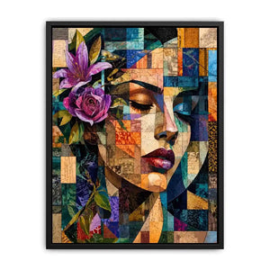 Abstract cubist woman portrait canvas wall art with floral accents and colorful geometric collage textures