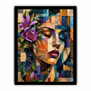 Abstract cubist woman portrait canvas wall art with floral accents and colorful geometric collage textures