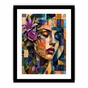 Abstract cubist woman portrait canvas wall art with floral accents and colorful geometric collage textures