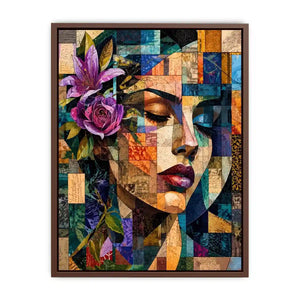Abstract cubist woman portrait canvas wall art with floral accents and colorful geometric collage textures
