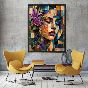 Abstract cubist woman portrait canvas wall art with floral accents and colorful geometric collage textures