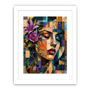 Abstract cubist woman portrait canvas wall art with floral accents and colorful geometric collage textures